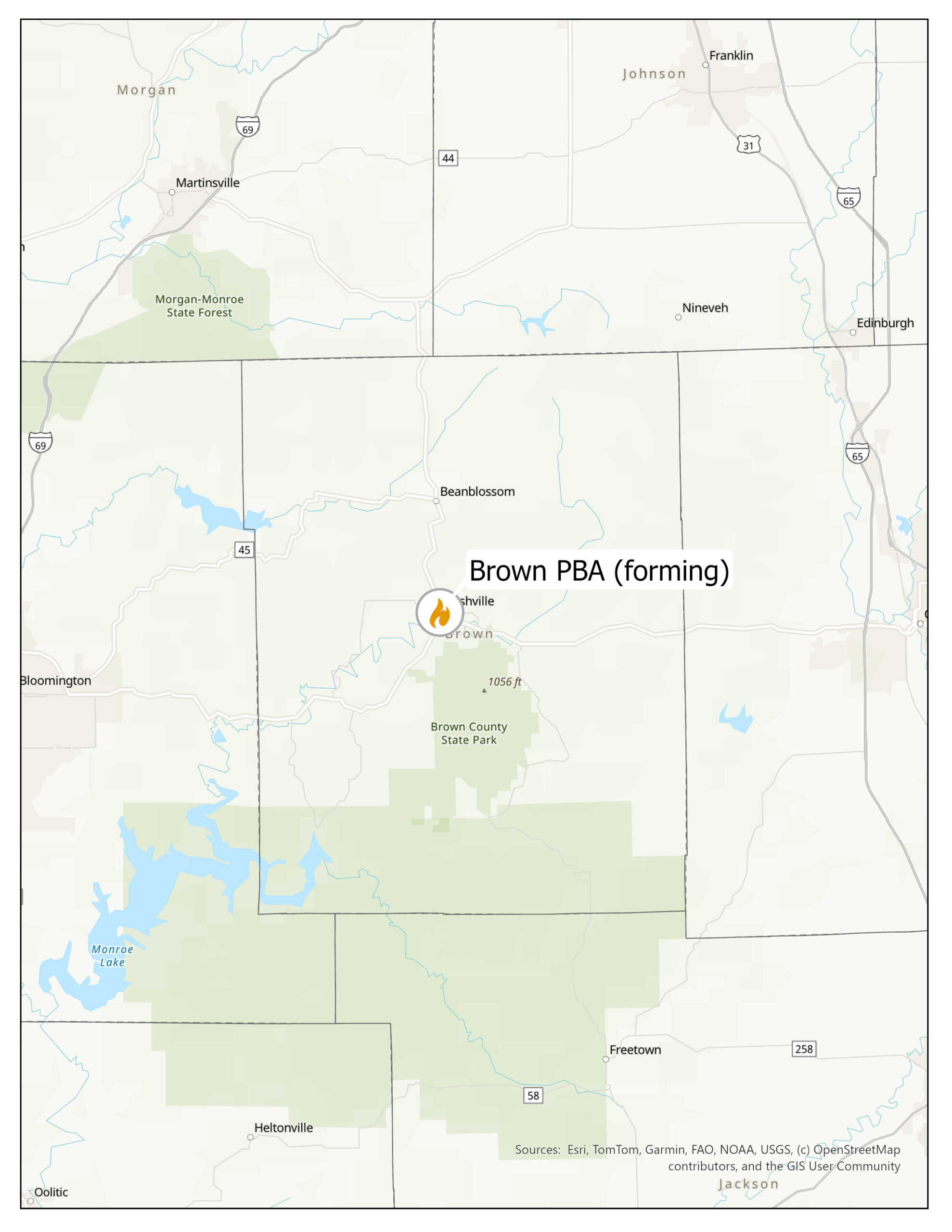 Map of Brown County, Indiana with flame indicating forming PBA