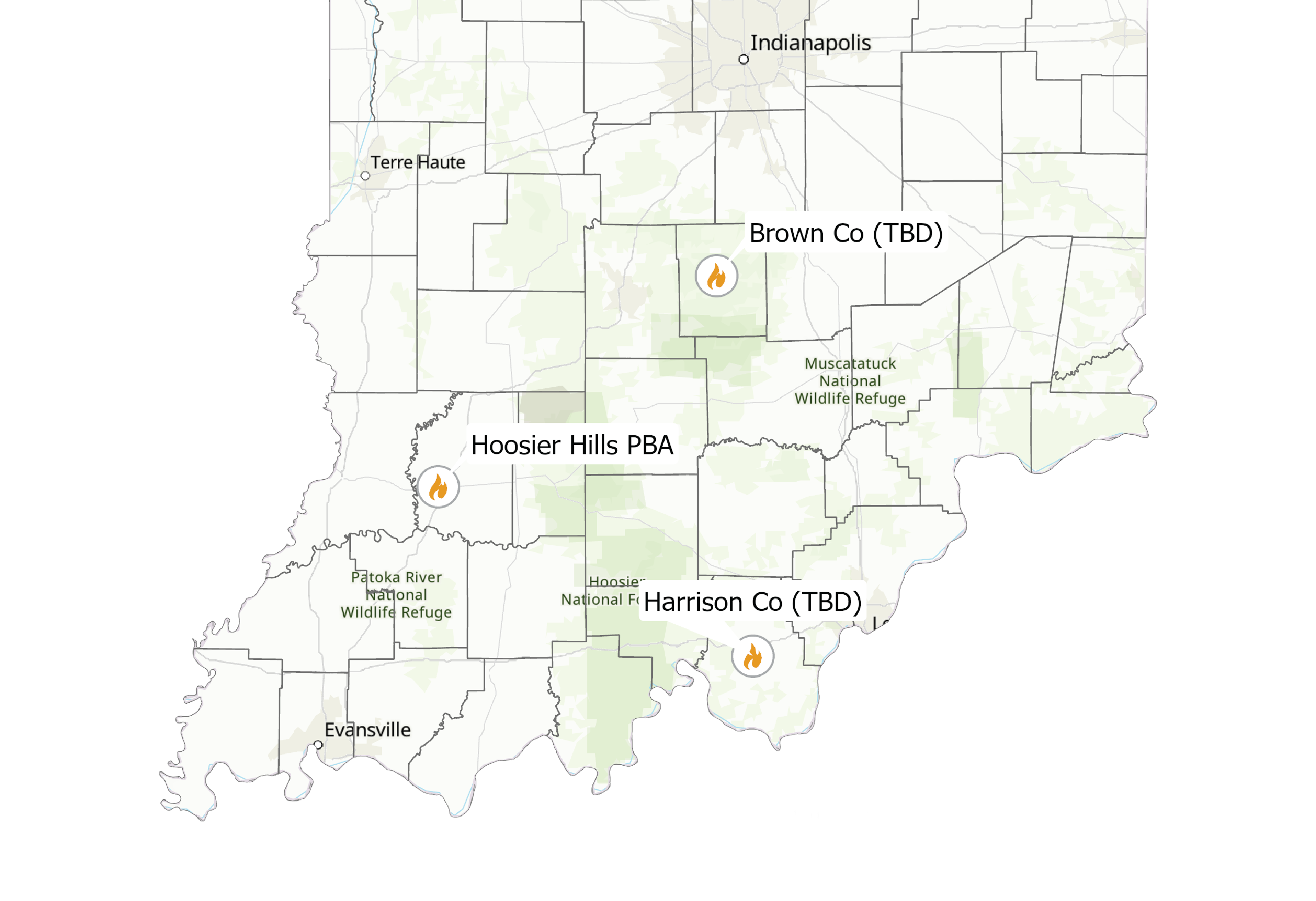 Map of southern half of Indiana with flame symbols indicating PBAs in Brown, Harrison, and Daviess Counties