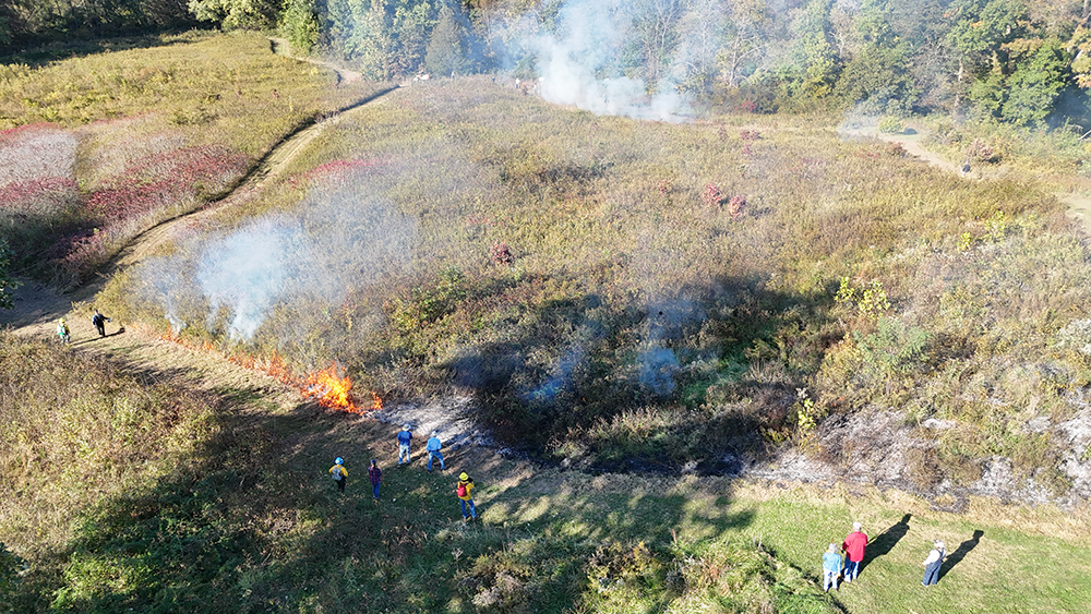 Drone image of group of people along fireline of large field