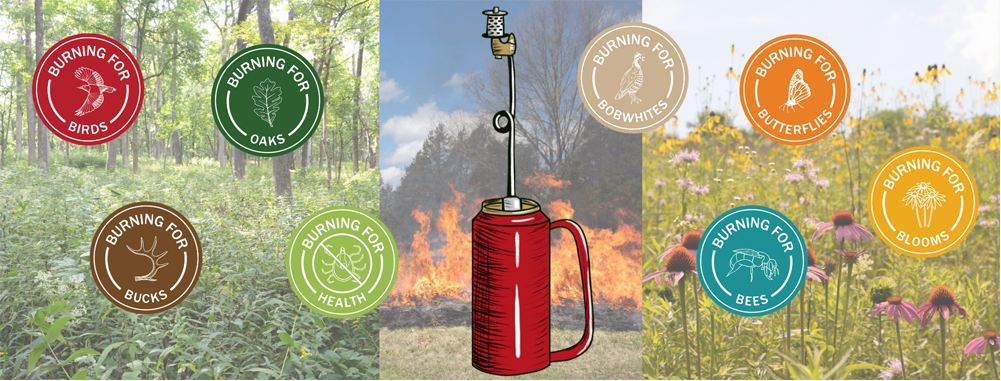 Graphics of drip torch and various wildlife on background of forest, flowers, and fire